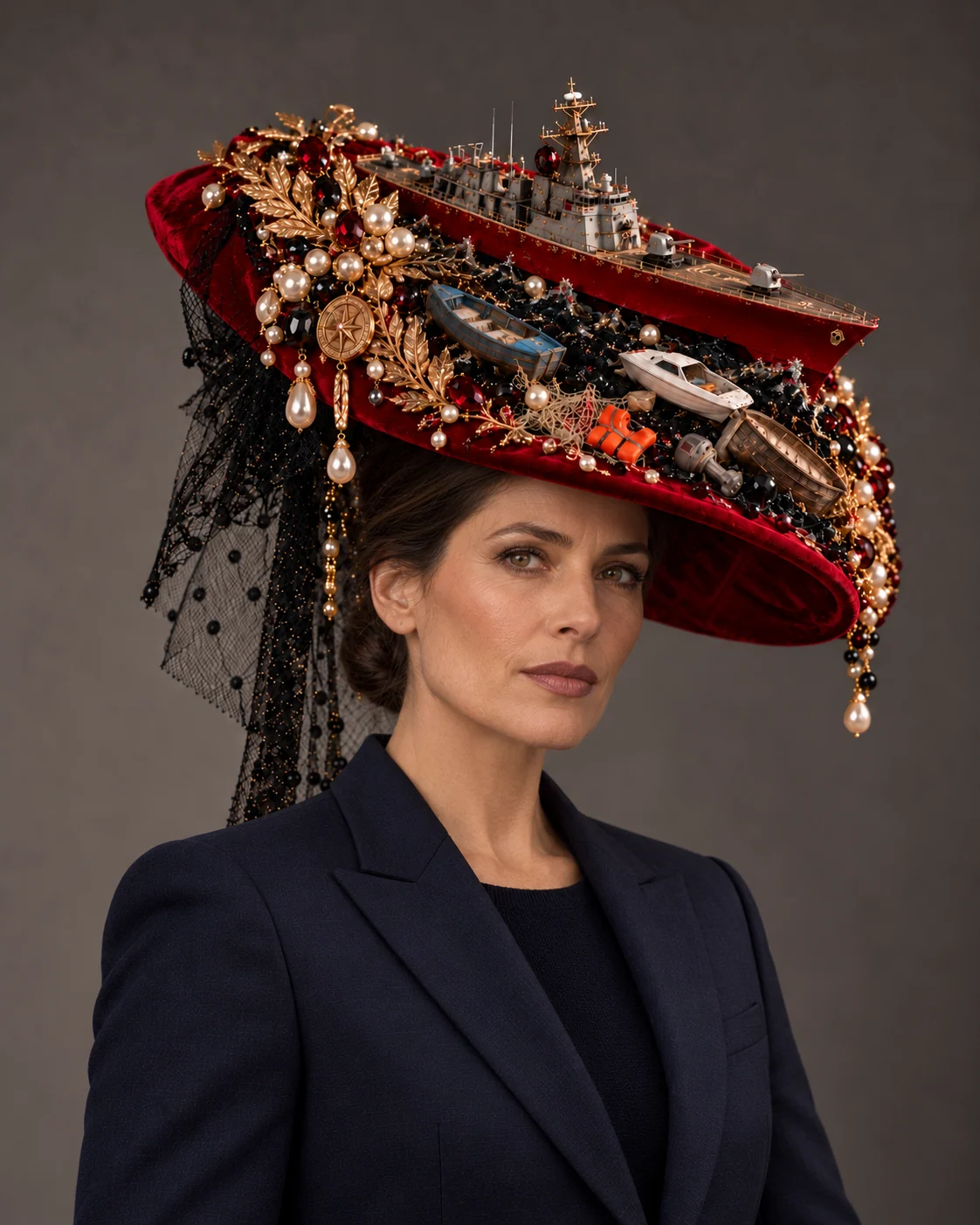 Crimson couture headwear bearing elaborate naval miniatures