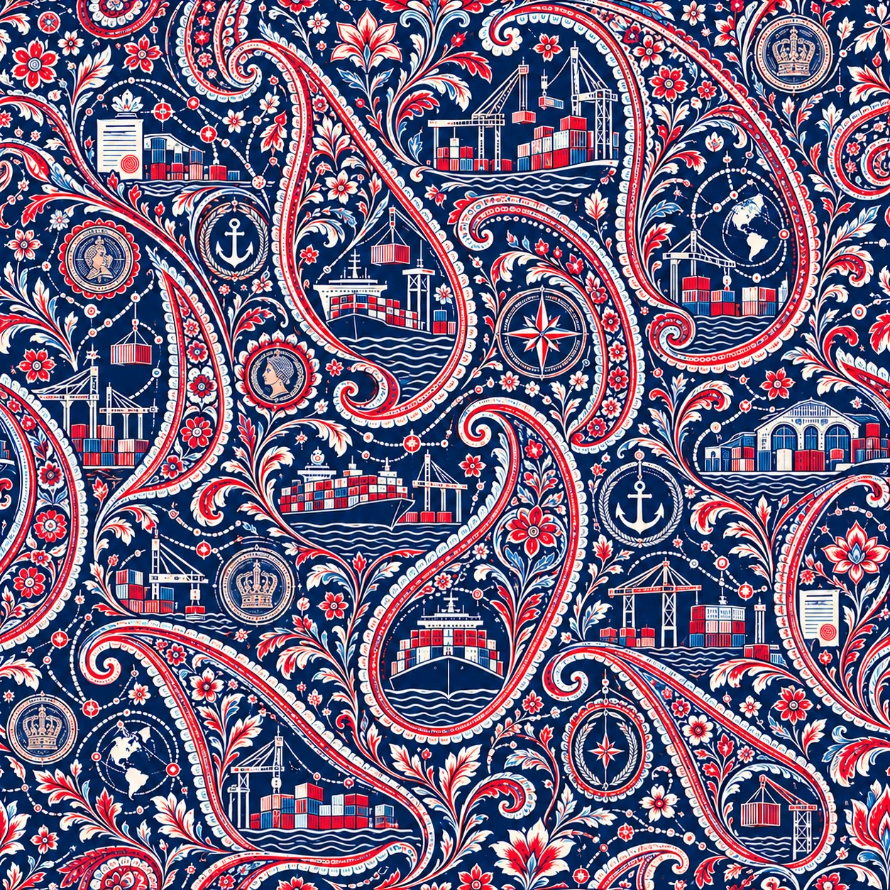 Large Nautical Paisley Portwork original pattern with ships, ports and cranes