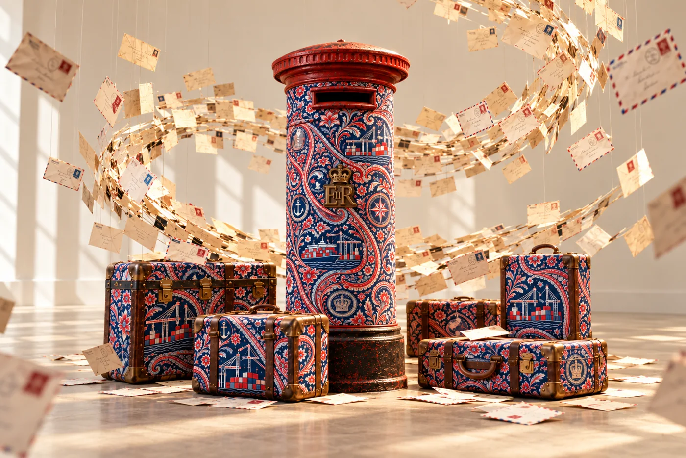 Return to Sender artwork featuring ornate postbox and luggage beneath circling letters