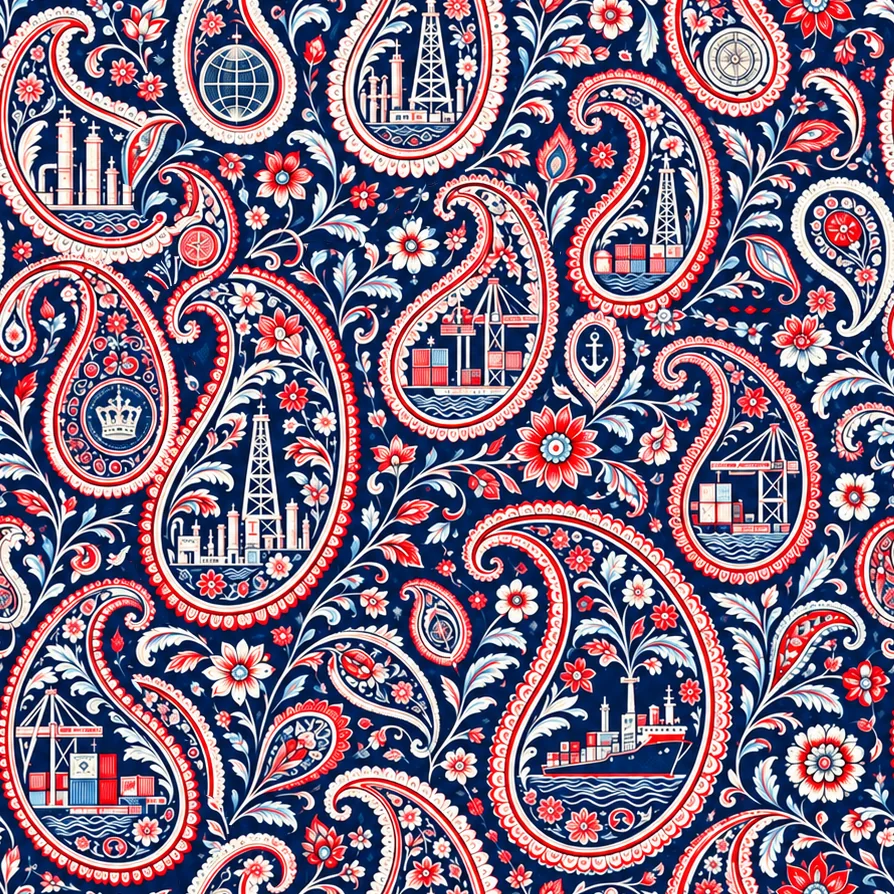 Small Nautical Paisley seamless repeat with finely scaled ports, vessels and ornament