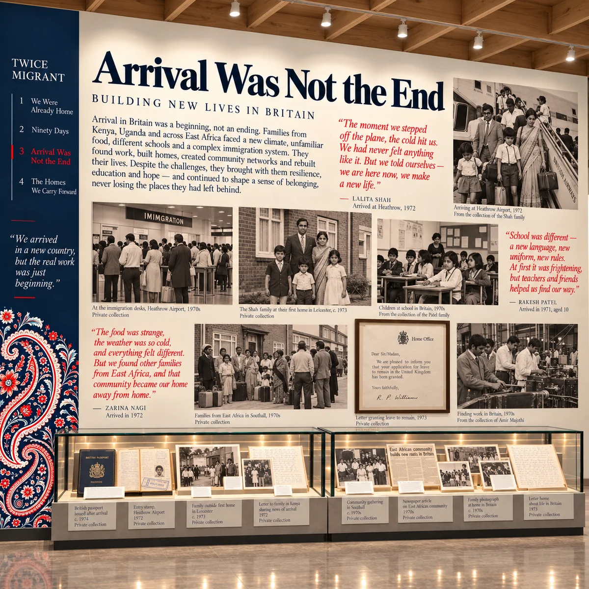 Exhibition wall showing British arrival, resettlement and family accounts