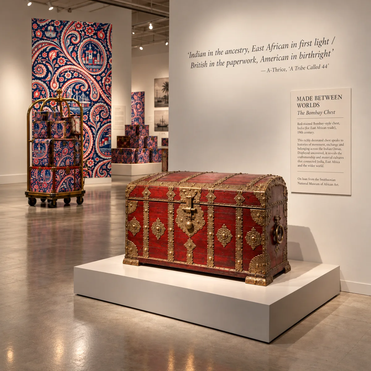 Antique-style red chest with intricate gold-toned fittings, unwrapped on a pale museum plinth