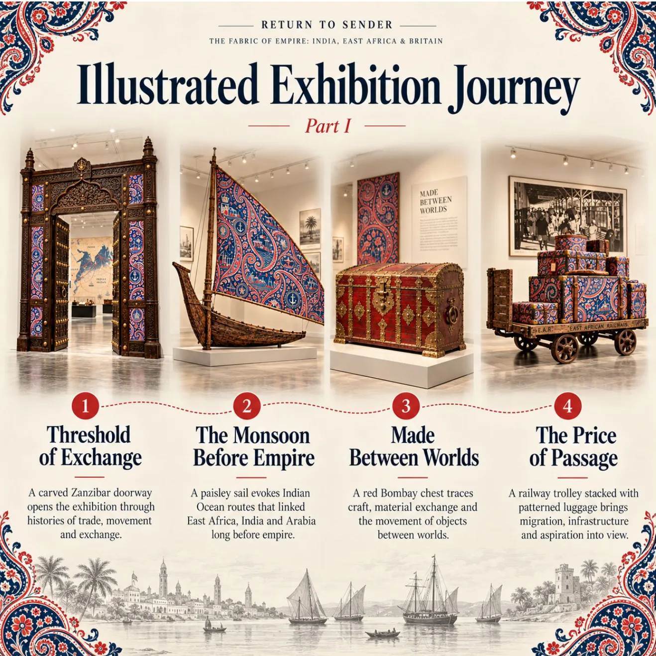 Illustrated Exhibition Journey page from the Return to Sender catalogue, showing doorway, sail, chest and railway trolley