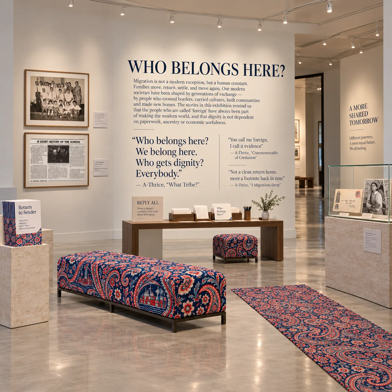 Warm modern museum gallery with family records, exhibition writing, and paisley-covered seating