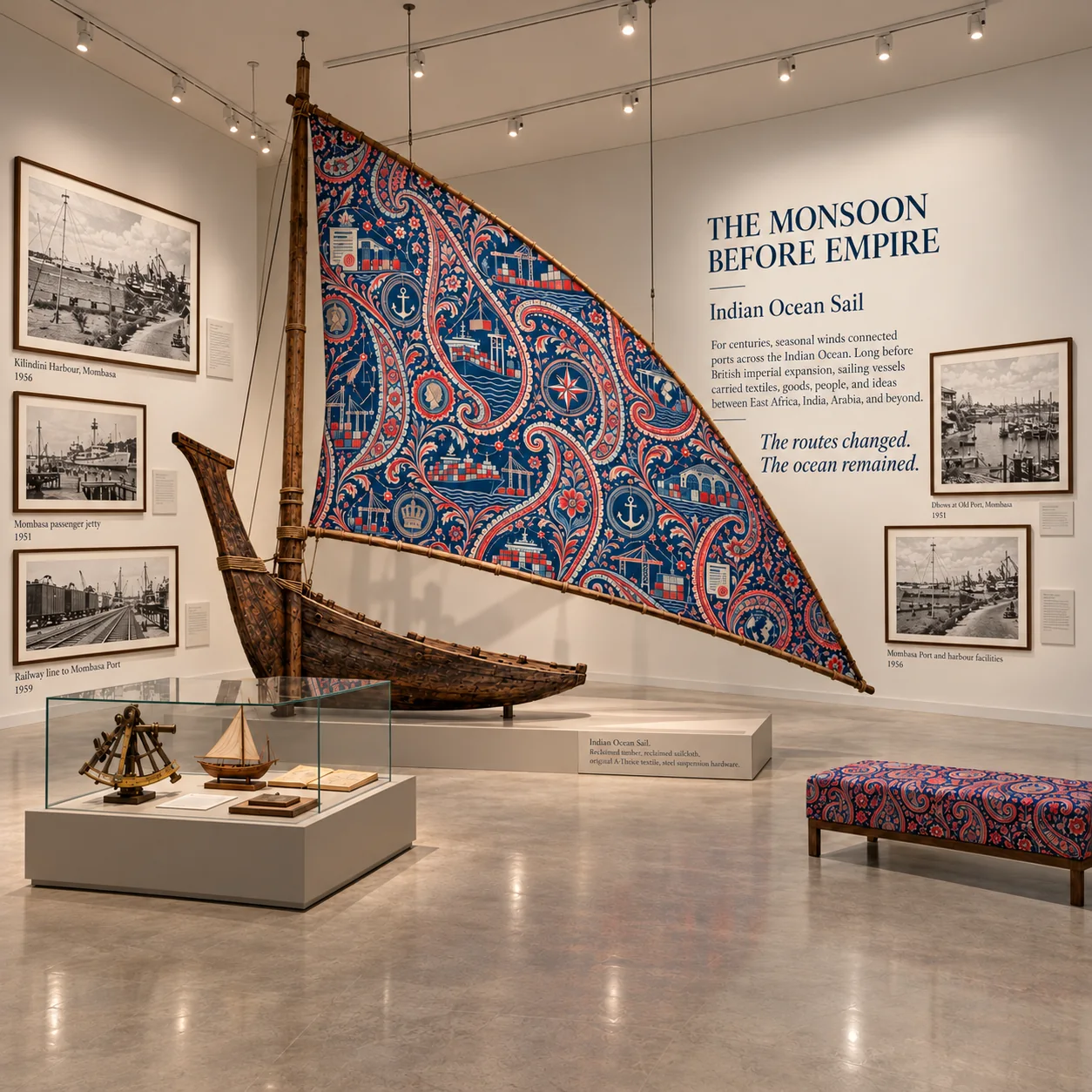 Large suspended patterned dhow sail in a white gallery