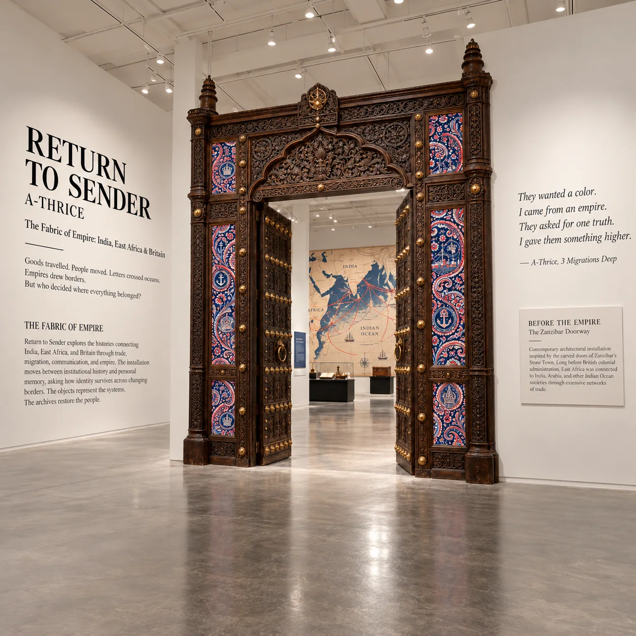 Carved wooden exhibition doorway with A-Thrice paisley panels