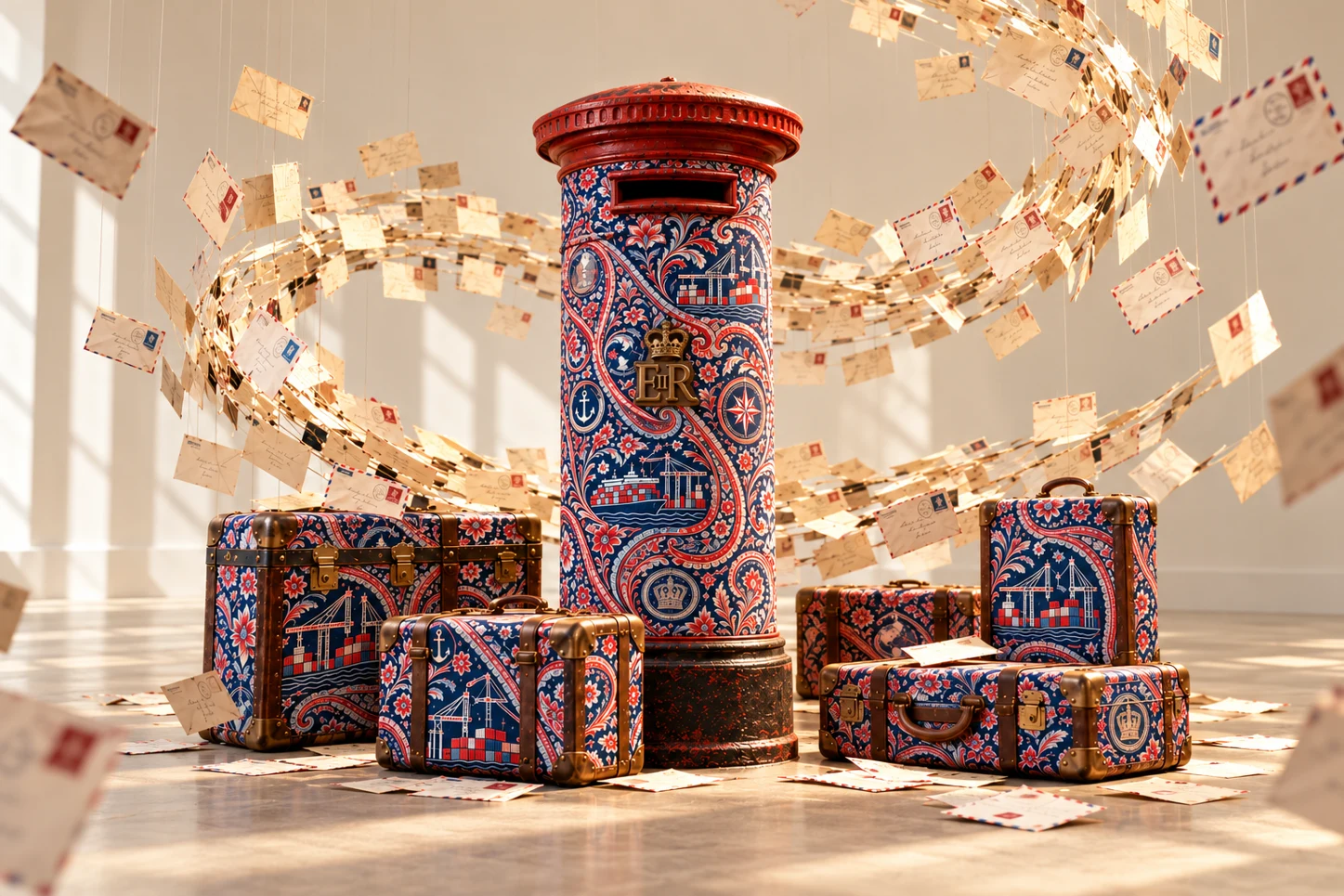 Promotional exhibition image showing a patterned British pillar box surrounded by paisley-covered trunks and a swirling installation of suspended letters
