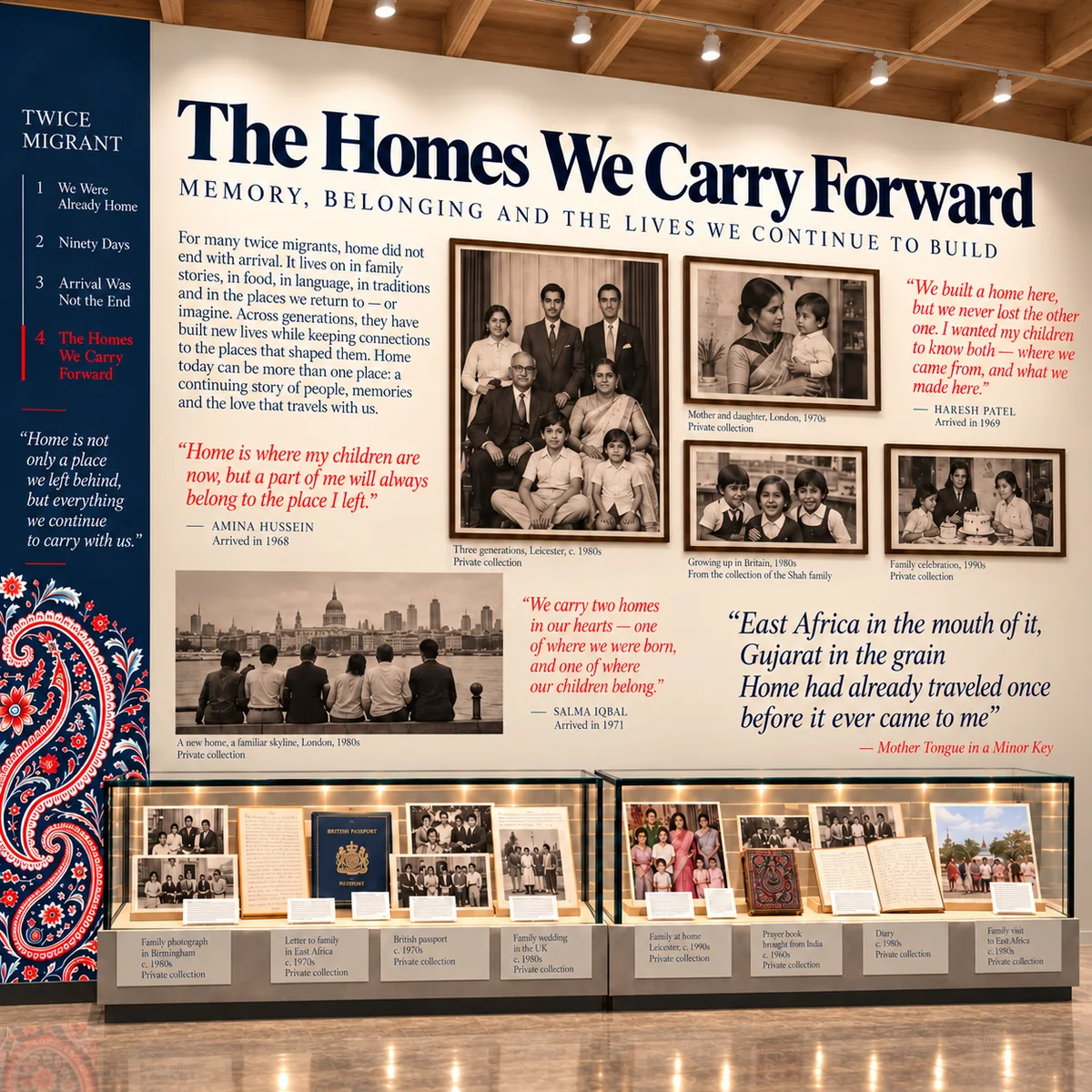 Museum gallery wall about belonging across generations, family photographs and documents