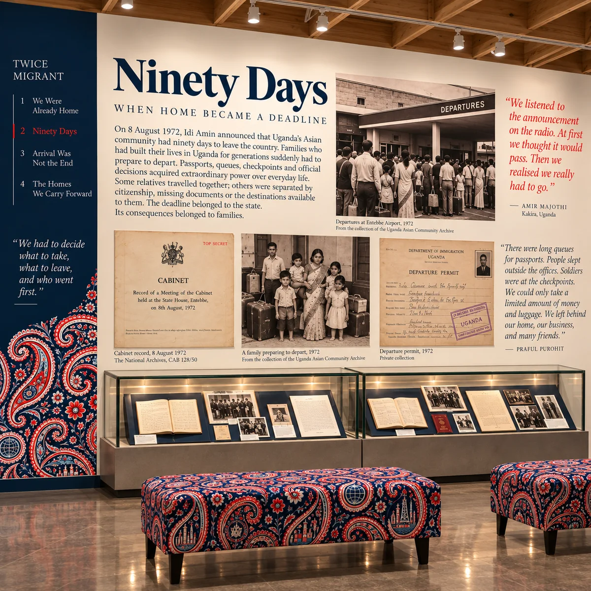 Exhibition installation about the ninety-day 1972 expulsion order in Uganda