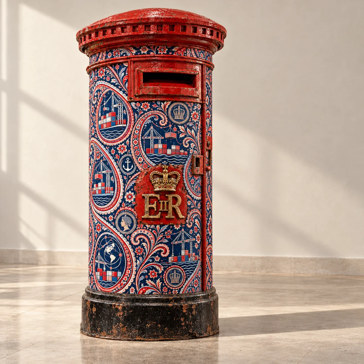 Traditional red British pillar box wrapped in blue red and cream maritime paisley