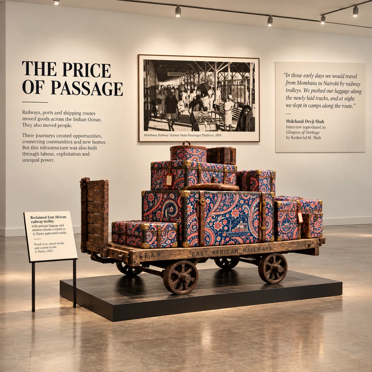 Weathered wooden and iron railway trolley carrying stacked paisley-covered trunks