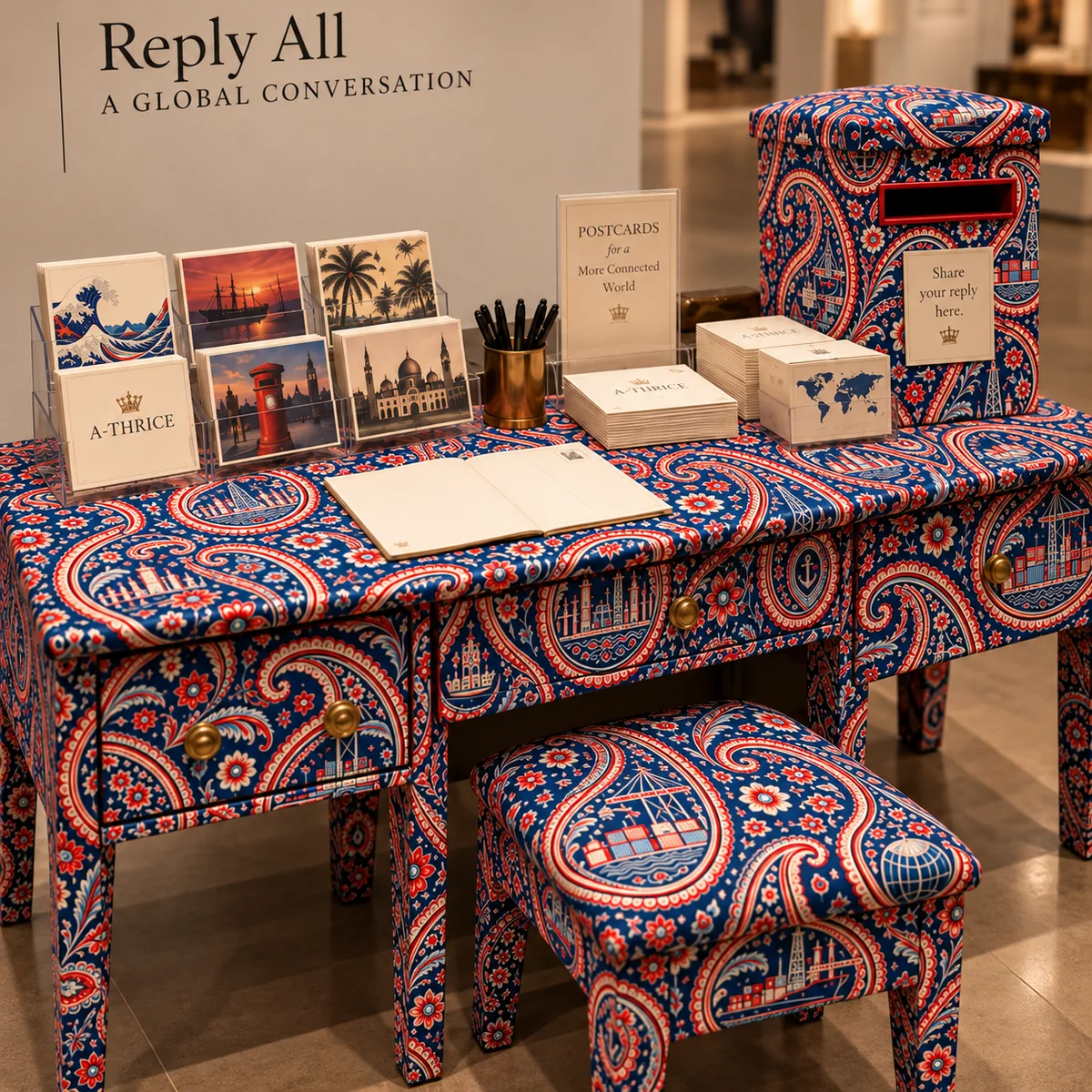 A-Thrice paisley-covered writing desk with postcards, pens and a reply box
