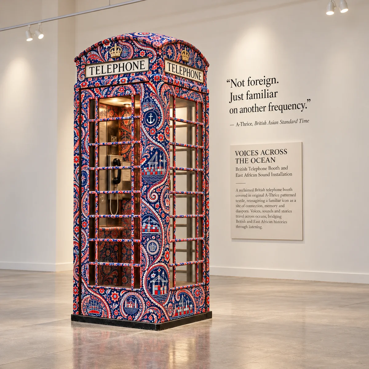 British public telephone booth transformed with A-Thrice paisley in a quiet gallery