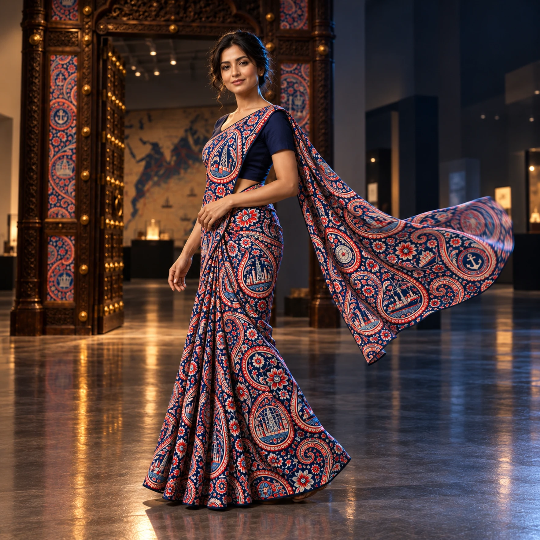 Woman wearing the A-Thrice paisley sari inside the Return to Sender exhibition gallery