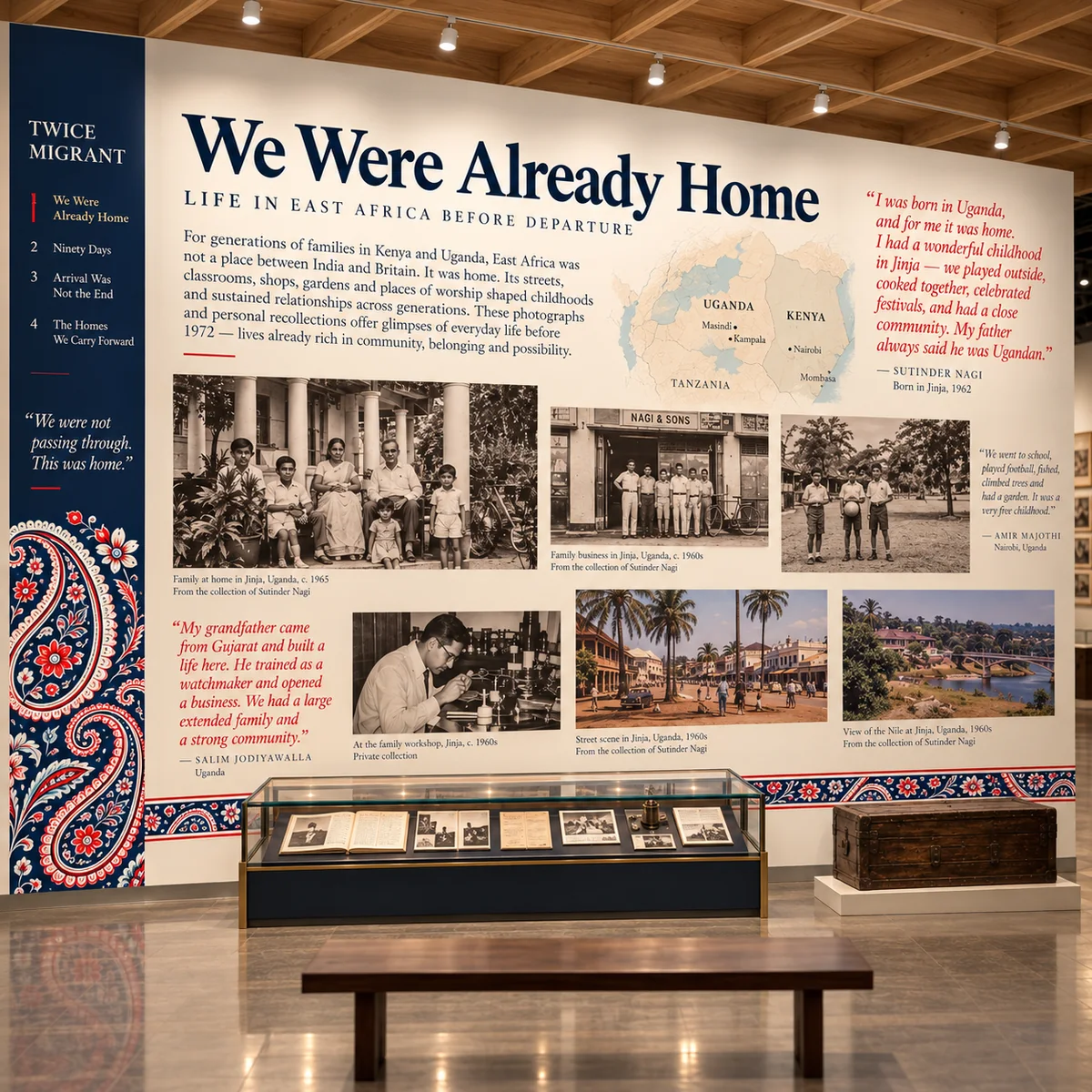 Exhibition wall with family images and text about East African childhood and community life